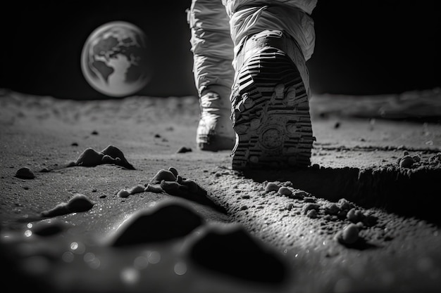 Foto macrovoetafdruk van astronaut op de maan met generatieve ai als achtergrond