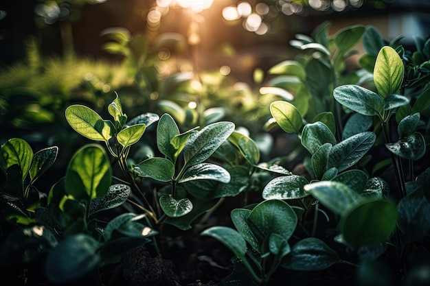 Macroweergave van groene planten met de zon die erop schijnt, gemaakt met generatieve ai