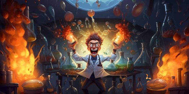 Mad crazy scientist doctor doing experiments in a laboratory