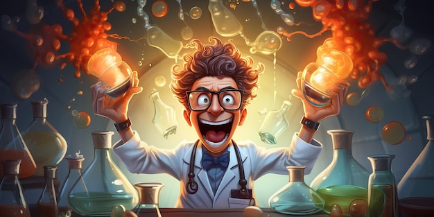 Photo mad crazy scientist doctor doing experiments in a laboratory