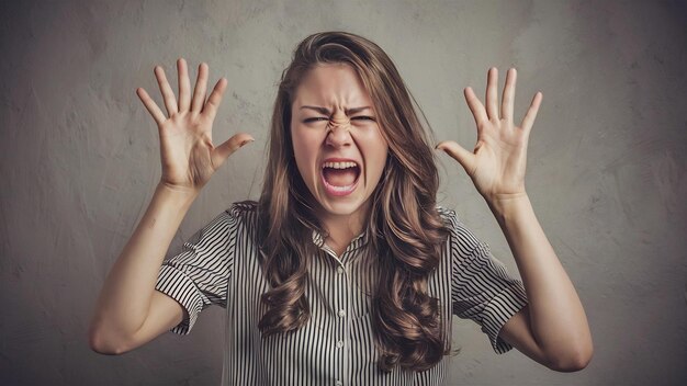 Mad irritated young woman screams loudly and gestures actively being dissatisfied and annoyed with