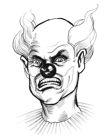 Premium Photo | Mad looking clown. ink black and white drawing