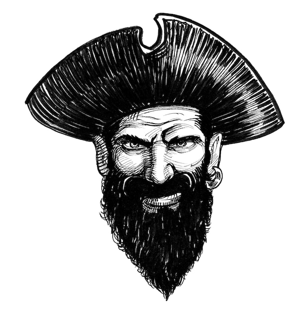 Фото Безумно выглядящий пиратский капитан чернила черно-белый рисунок