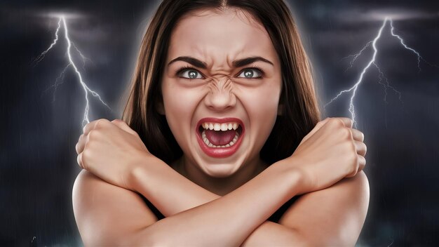 Photo mad and outraged young woman looking with scorn and hatred clench teeth and cross arms chest hate