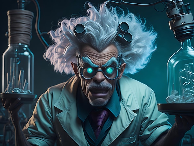 Mad scientist or crazy professor character in science lab