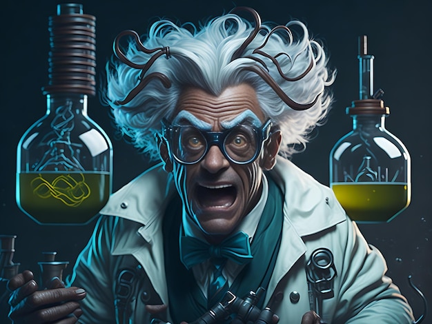 Mad scientist or crazy professor character in science lab