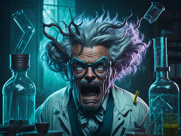 Mad scientist or crazy professor character in science lab