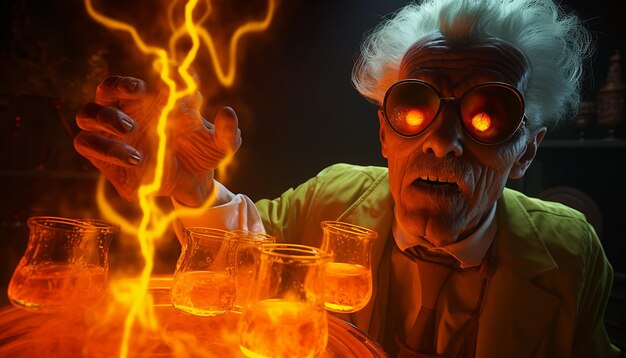 A mad scientist drinking a orange glowing liquid in the style of halloween 3d