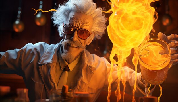 A mad scientist drinking a orange glowing liquid in the style of halloween 3d