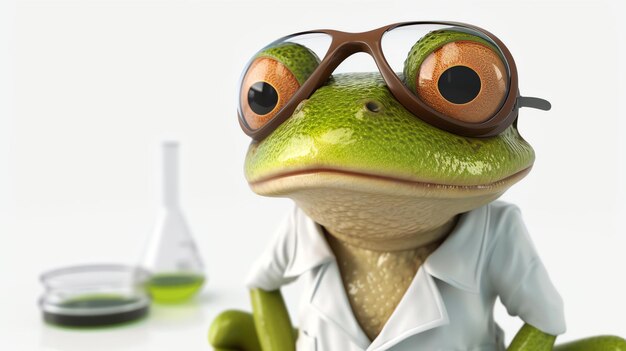 A mad scientist frog wearing glasses looks at the camera with a beaker and a test tube in the background