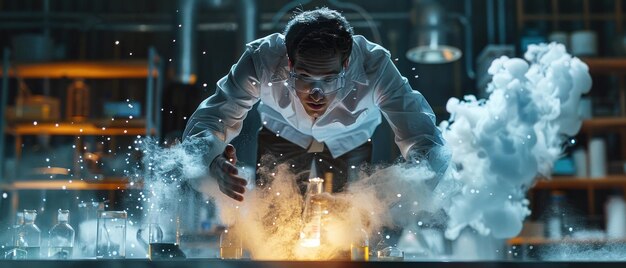 Photo mad scientist in a lab coat conducting a dangerous experiment surrounded by flames and smoke