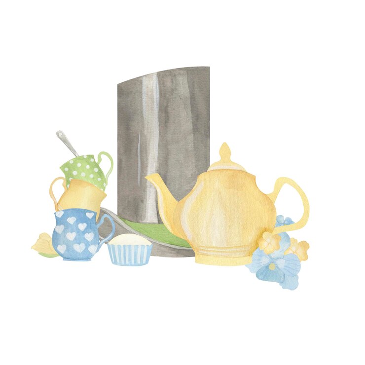 Foto mad tea party met top hoed gele theepot taart en bekers waterverf geïsoleerde illustratie pastel blauw en groen alice in wonderland clipart in schets stijl voor bloemen kaarten en eenvoudige ontwerpen