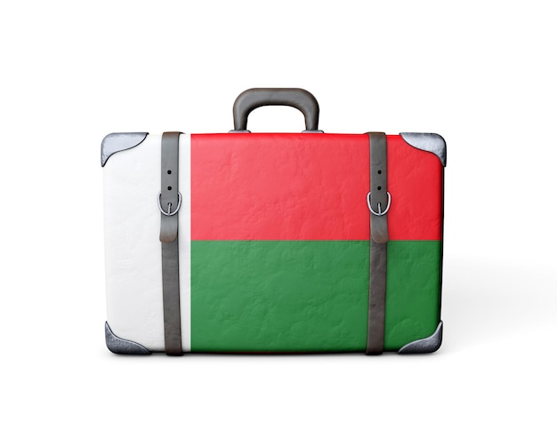 Madagascar flag on a vintage leather suitcase 3D Rendering