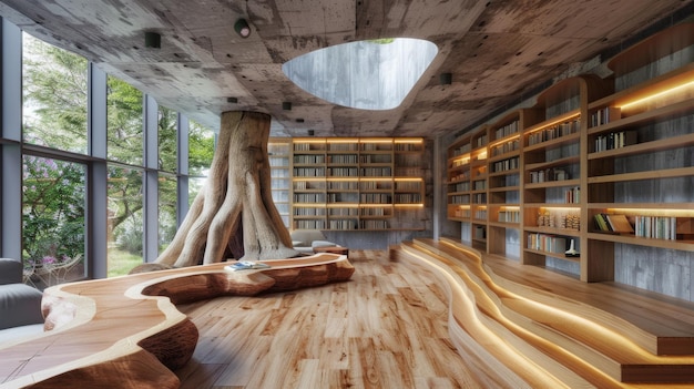 Made of clear concrete the library features lightcolored log bookshelves stepped seating