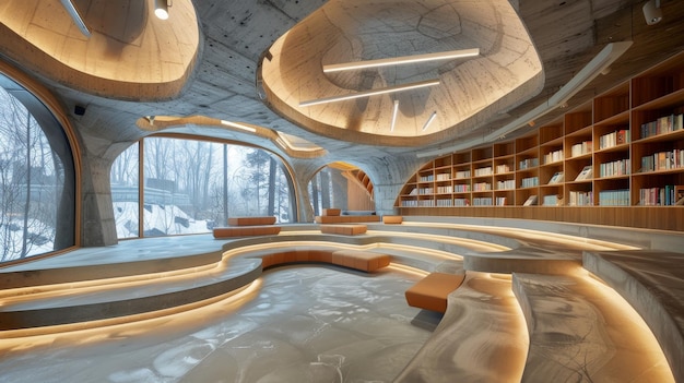 Made of clear concrete the library features lightcolored log bookshelves stepped seating