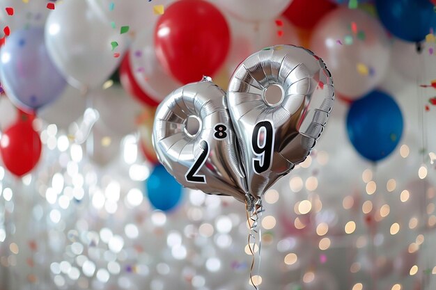 Photo made of two golden floating helium balloons