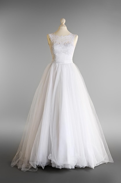 Madeup wedding dress on mannequin against grey background