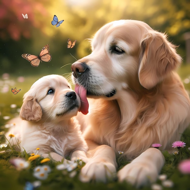 Madre golden retriver y su cachorro