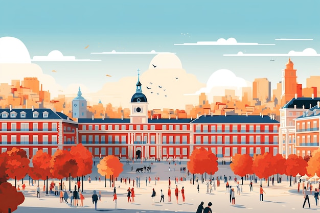 Madrid's Regal Splendor Royal Palace and Bustling Plaza Mayor in Minimalist Art