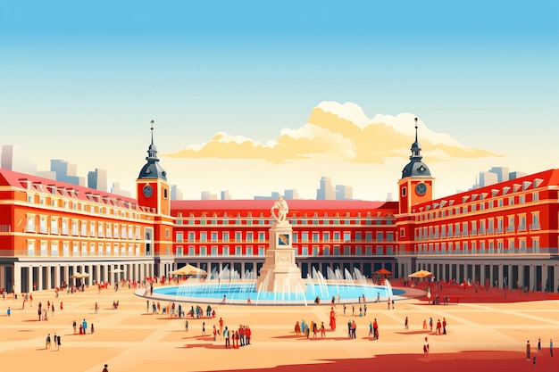 Madrid's Regal Splendor Royal Palace and Bustling Plaza Mayor in Minimalist Art