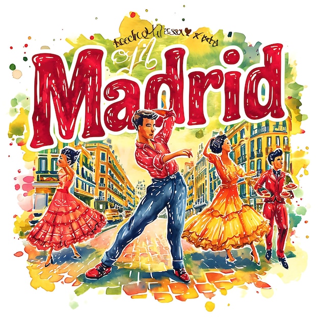 대담하고 활력 넘치는 스페인어에서 영감을 받은 타이포그라 수채화 풍경 예술 컬렉션이 포함된 마드리드 텍스트