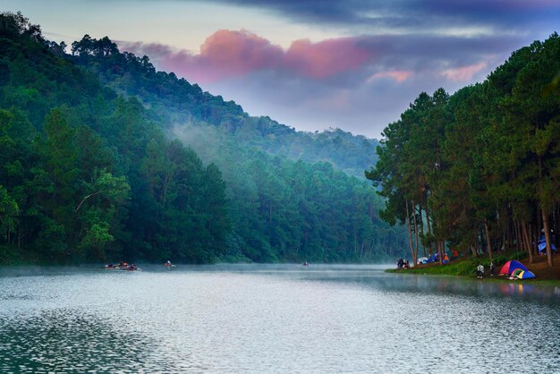 Mae Hong Son, 태국 - 2016년 12월 26일: Pang Ung의 저수지 또는 태국의 스위스 주변에서 캠핑하는 관광객들, 강과 산의 아름다운 안개와 안개를 바라보고 있습니다.