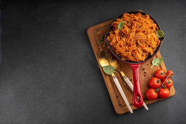 Mafaldine pasta met bolognese tomatensous