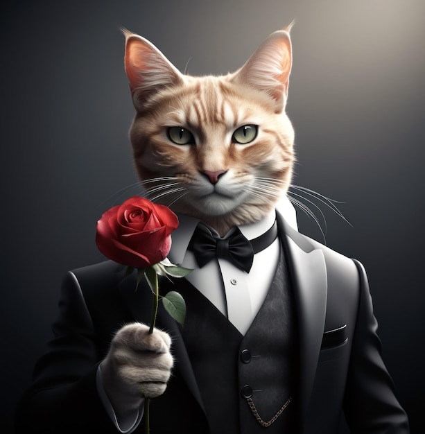 a mafia cat in a suit holding a flower