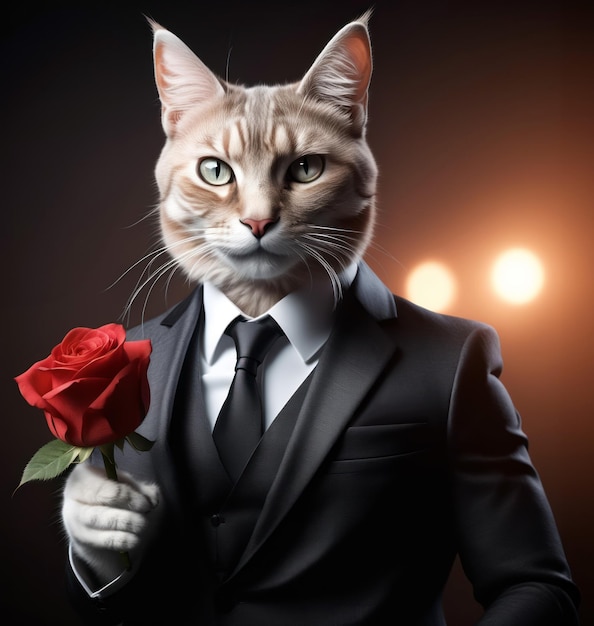 a mafia cat in a suit holding a flower