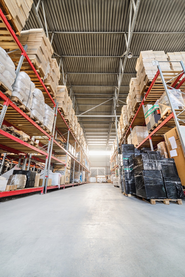 Foto magazijn industriële en logistieke bedrijven. lange planken met een verscheidenheid aan dozen en containers.
