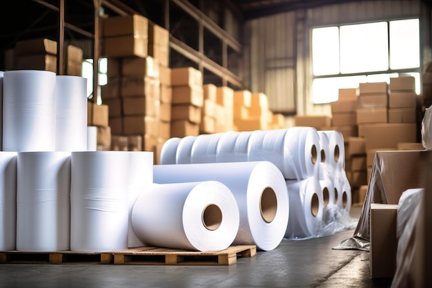 Magazijn voor eindproducten van een papierfabriek Grote rollen papier in de werkplaats Productie van papier en karton