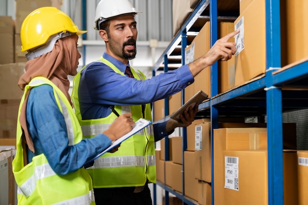 Magazijnmanager in gesprek met de werknemer over logistiek