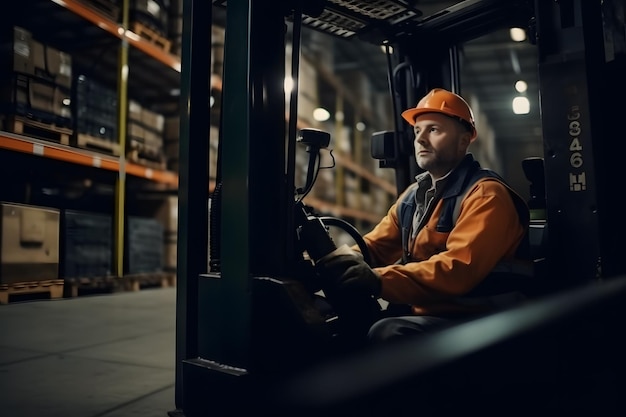 Magazijnmedewerker in uniform aan het werk op vorkheftruck in modern automatisch magazijn Dozen staan in de schappen van het magazijn Warehousing machine concept Generative Ai