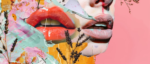 A magazine collage with female lips instead of a head and happy emotions Colorful background