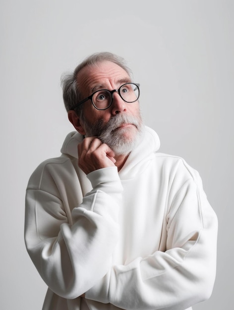 a magazine cover minimalist photo a man of years old wearing sweatshirt question gesture