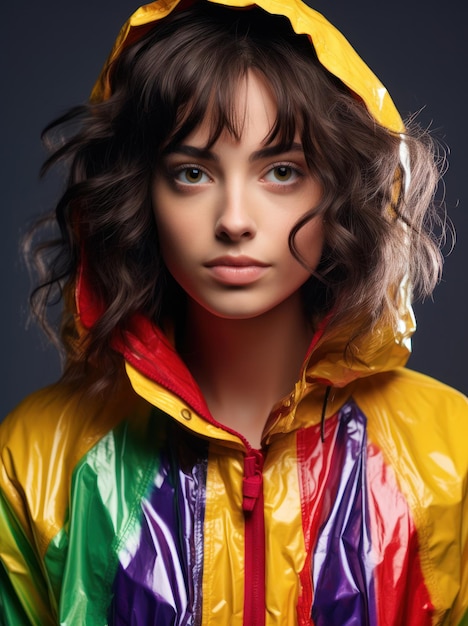 Magazine Photograph woman model wearing a colorful raincoat jacket on simple background