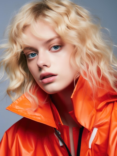 Magazine Photograph woman model wearing a colorful raincoat jacket on simple background