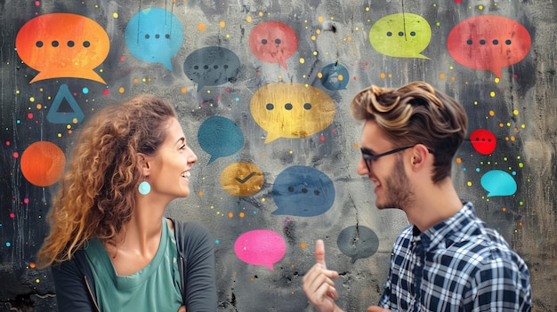 Photo the magazine template collage depicts two people chatting on social media sending speech bubbles