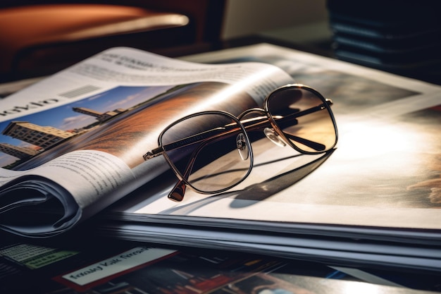 Magazines on table with eyeglasses