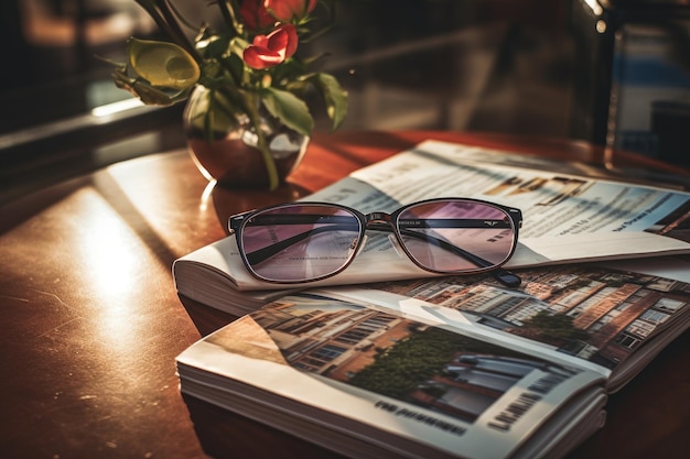 Magazines on table with eyeglasses