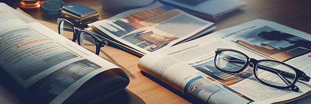 Magazines on table with eyeglasses