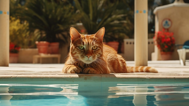 Mage of a cat on vacation by the swimming pool