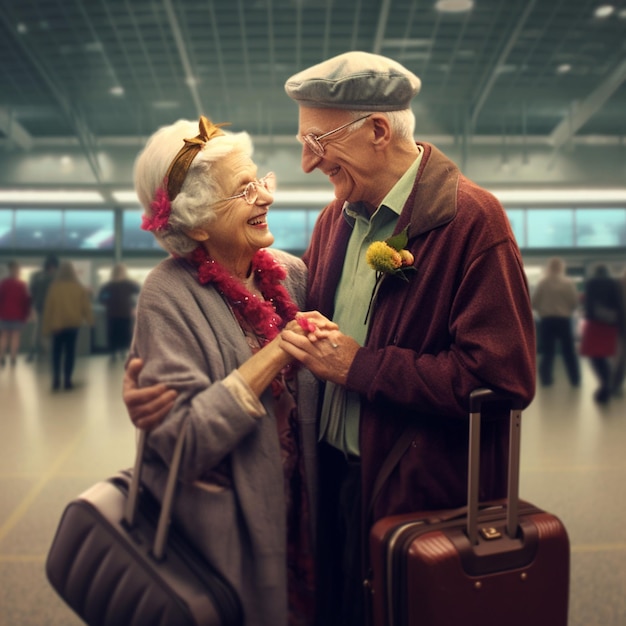 Mage of happy old couple at airport terminal