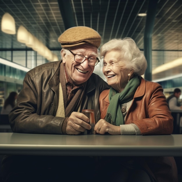 Mage of happy old couple at airport terminal