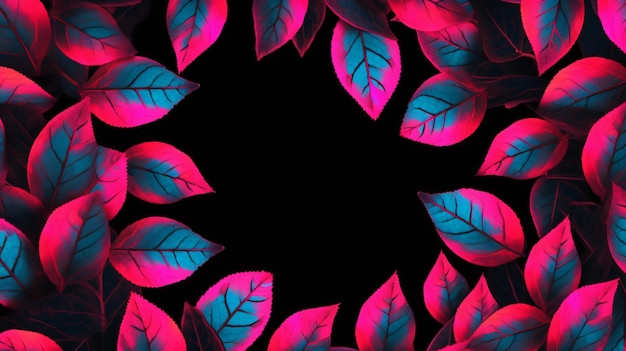 mage of leaves over pink neon circle on black backg