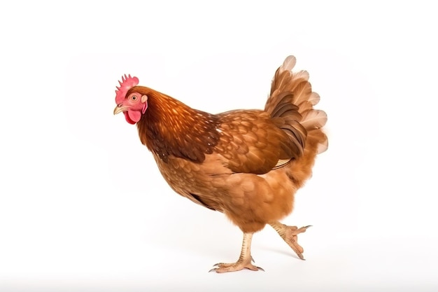 Mage of standing brown hen on white background Farm Animals illustration generative AI