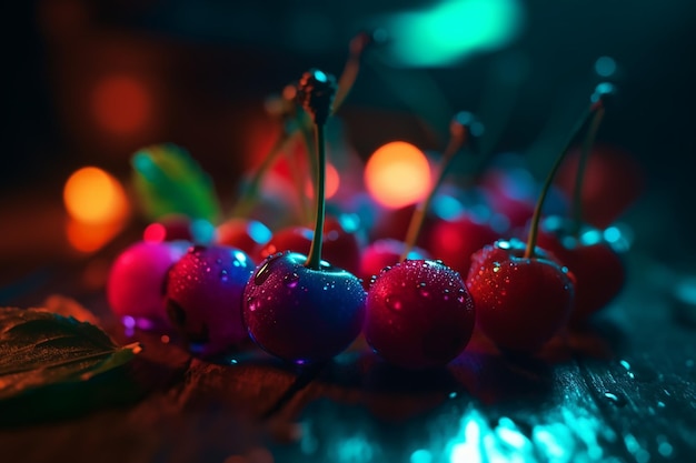 Magenta cherry berry in water drops whimsical neon lighting