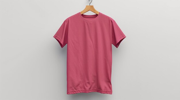 A Magenta color tshirt hanging on hanger against white background mockup