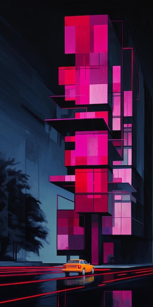 Photo magenta and crimson skyscraper a cubist futurism in the night