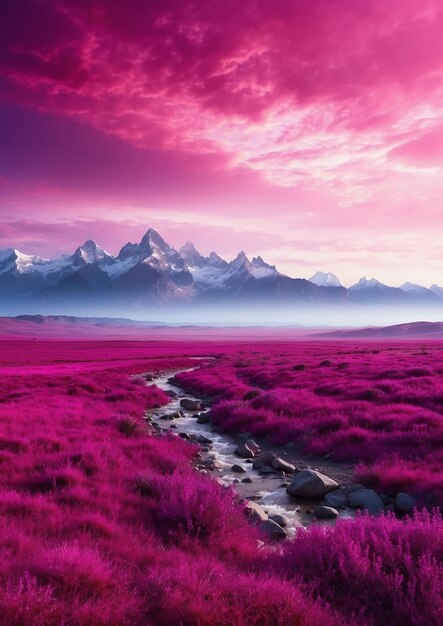 Foto fantasia magenta con la natura di montagna generata dall'ai